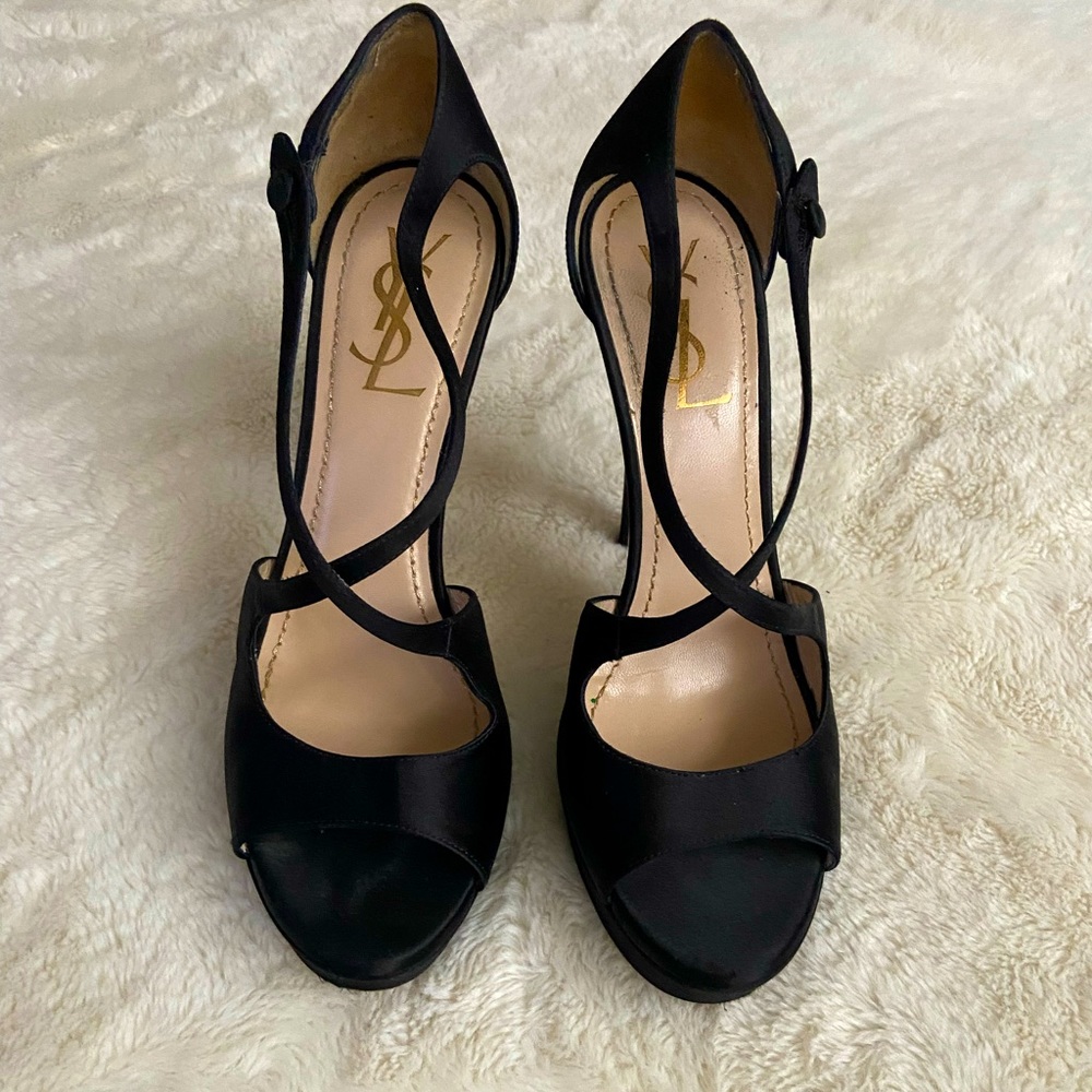 YSL black satin platform heels 38.5 fits like 7.5 US